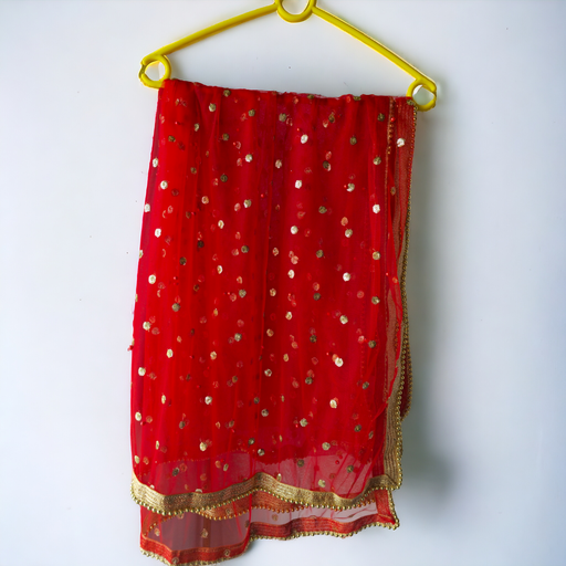 Red Net Dupatta Gold Zari Border