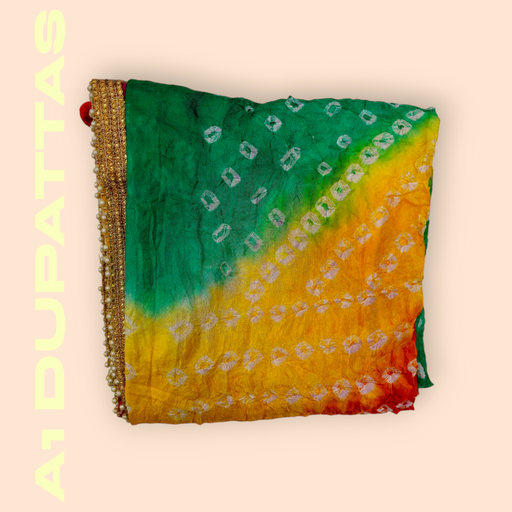 Green and Yellow Bandhani Silk Dupatta